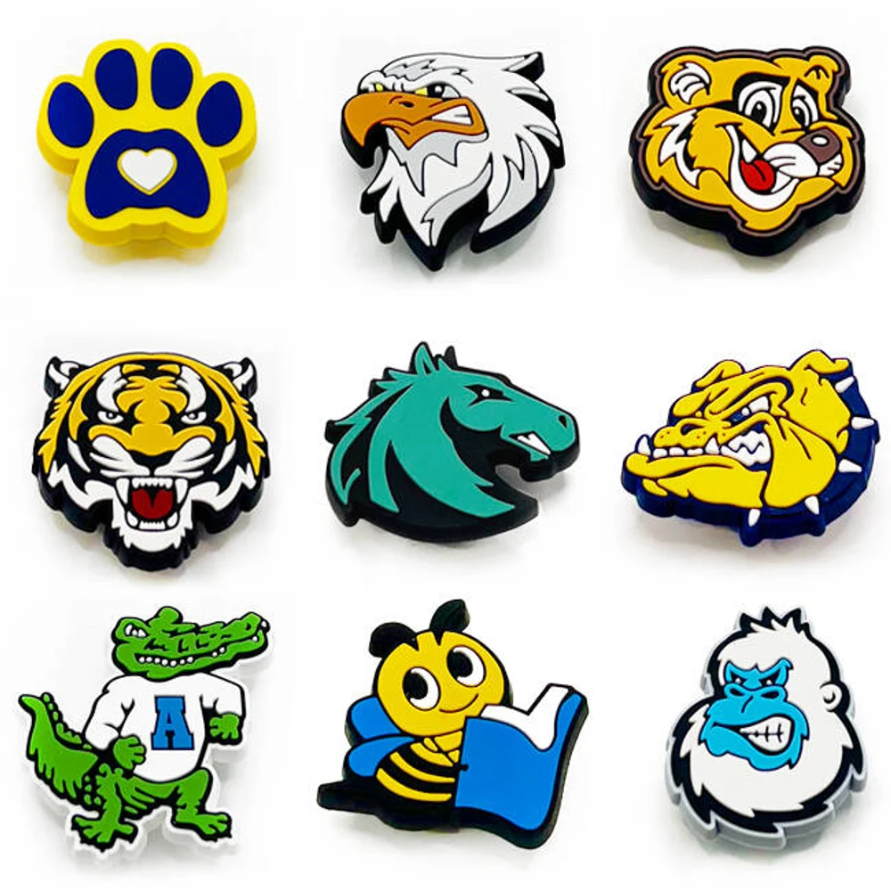 Custom clog charms – school mascot designs including eagles, tigers, bulldogs, and alligators