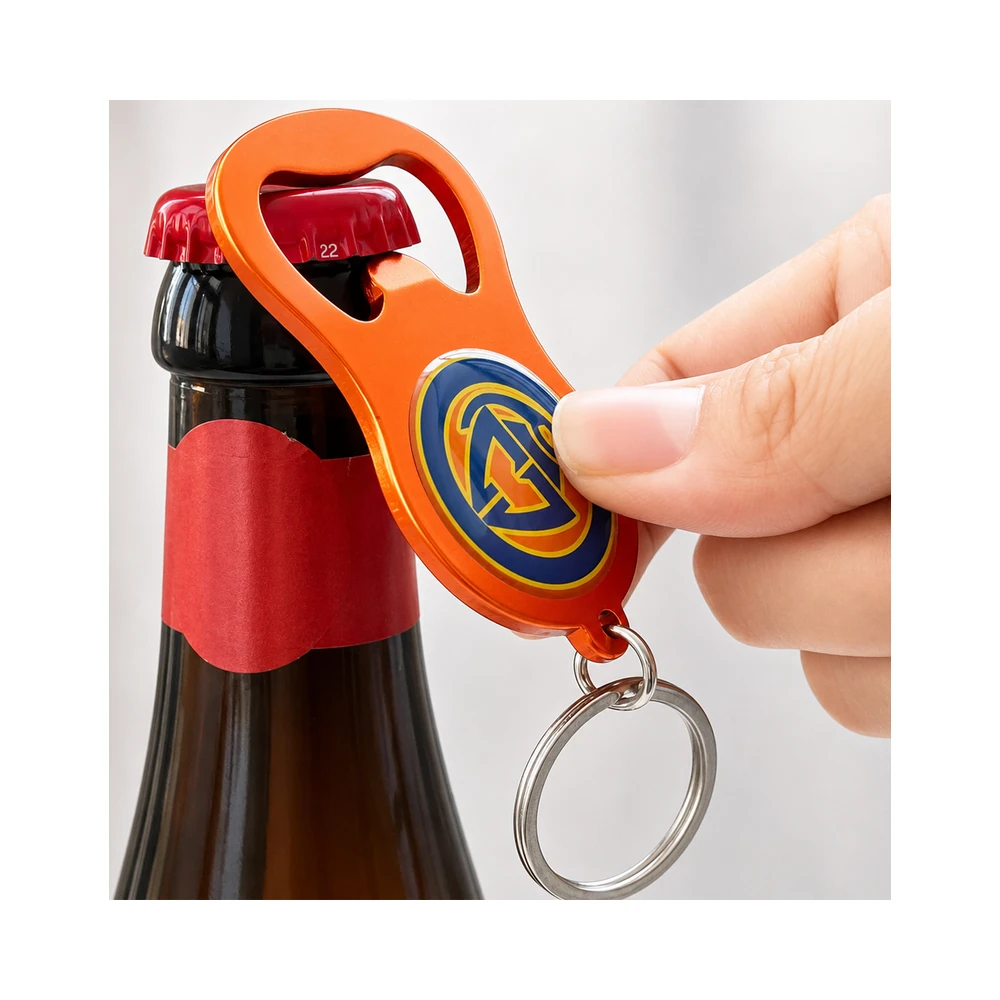 Custom bottle opener keychain in use — opening a bottle with branded logo