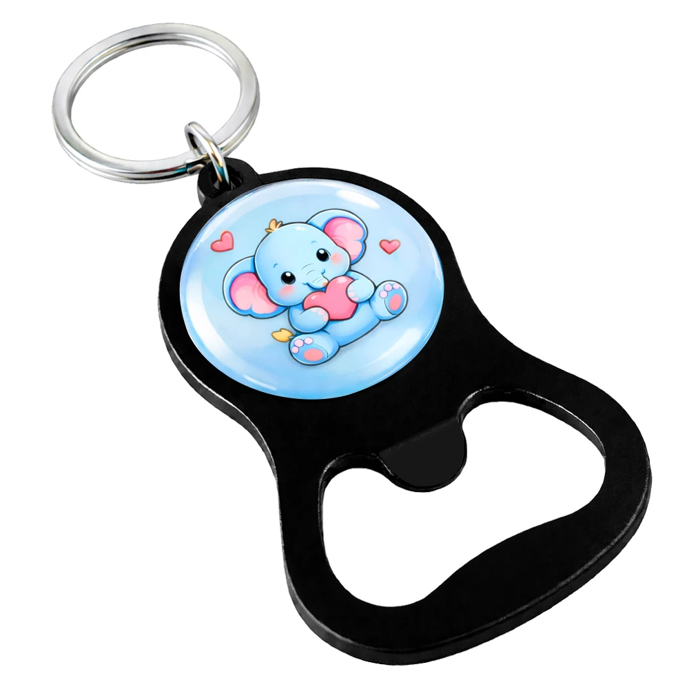 Custom bottle opener keychain with dome sticker — cute elephant design example