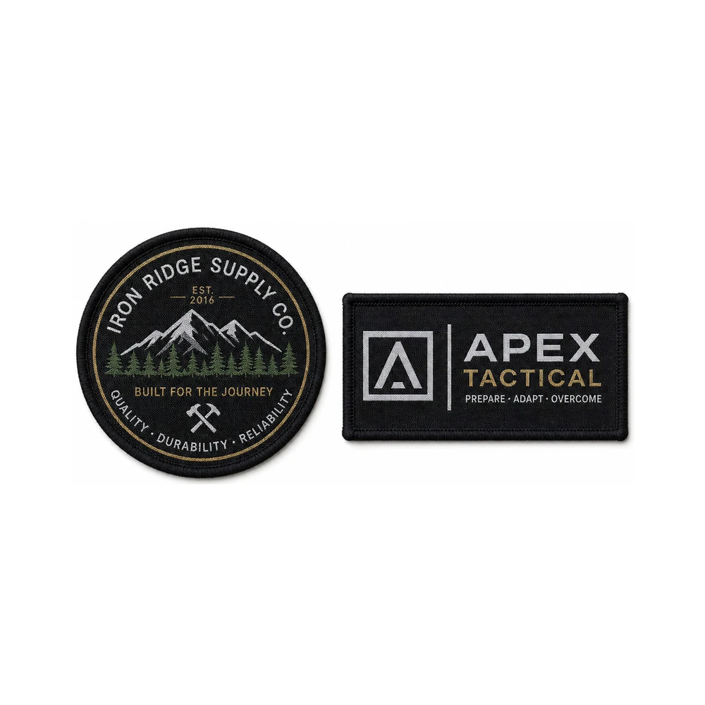 Close-up of custom woven patches showing fine flat threads and crisp small text