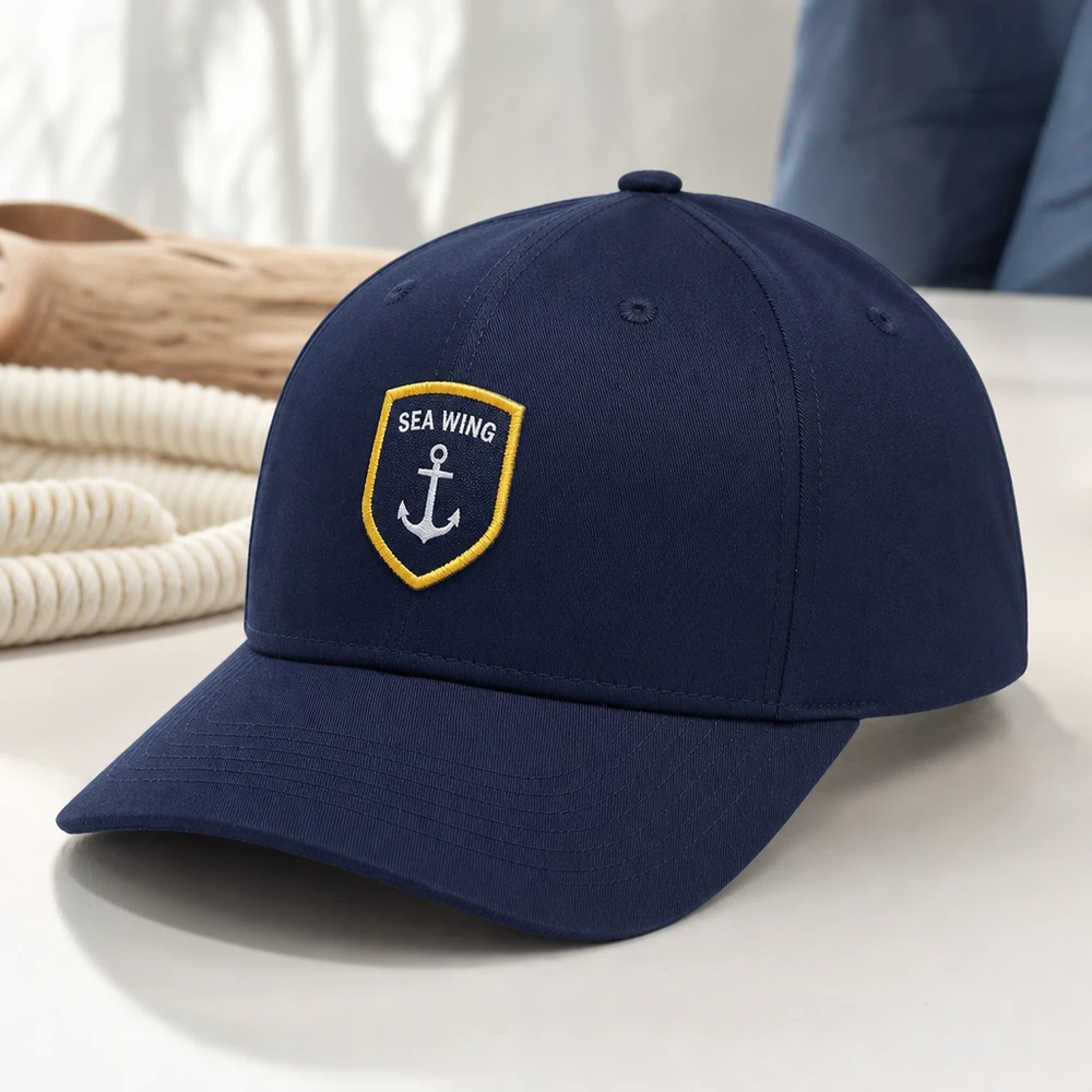 Custom woven patch applied on a navy baseball cap