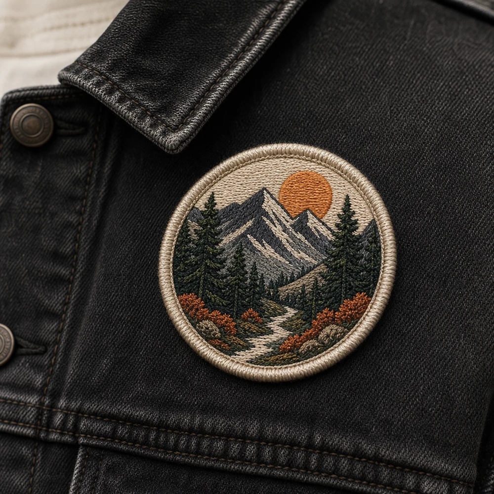 Custom embroidered patch sewn on a denim jacket