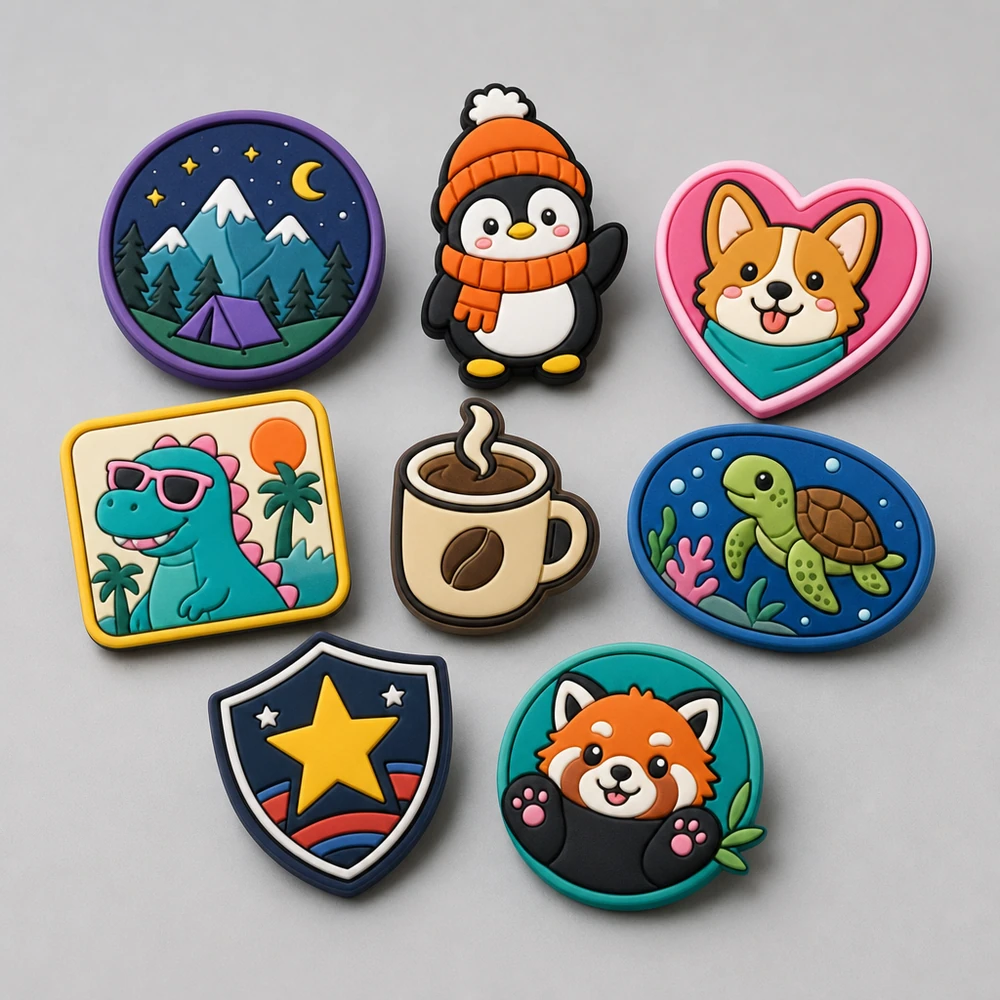 Collection of custom soft PVC rubber pins in mixed shapes and colors