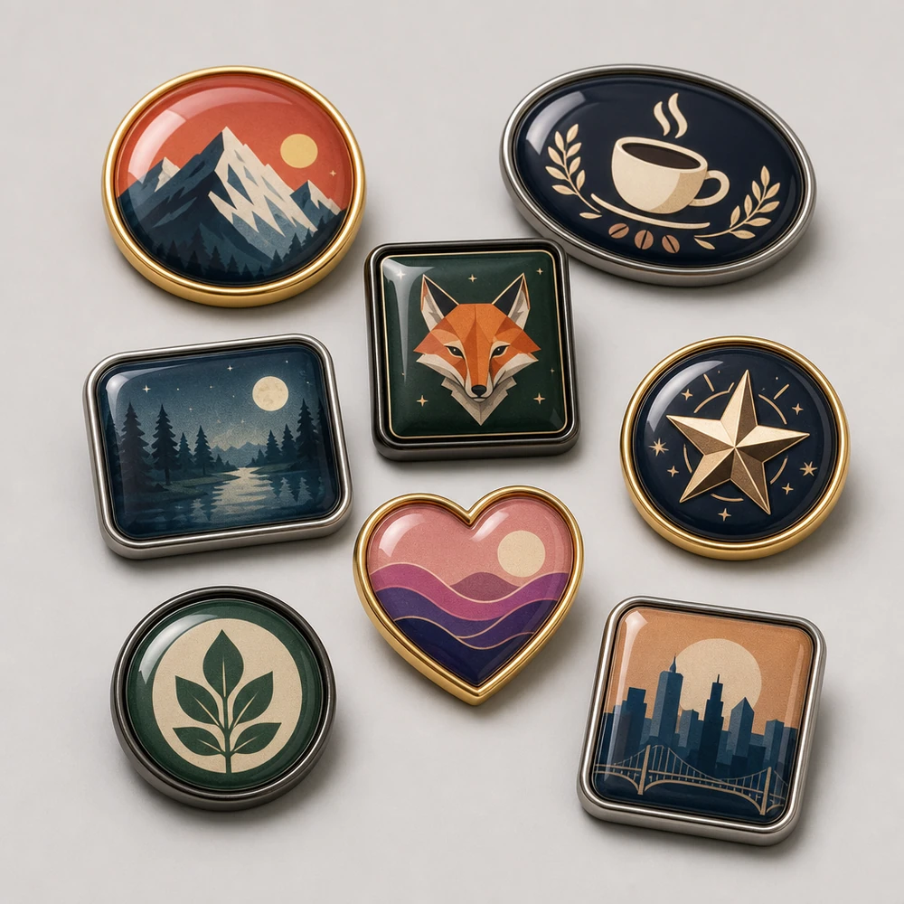 Collection of custom metal dome pins in mixed shapes and plating finishes