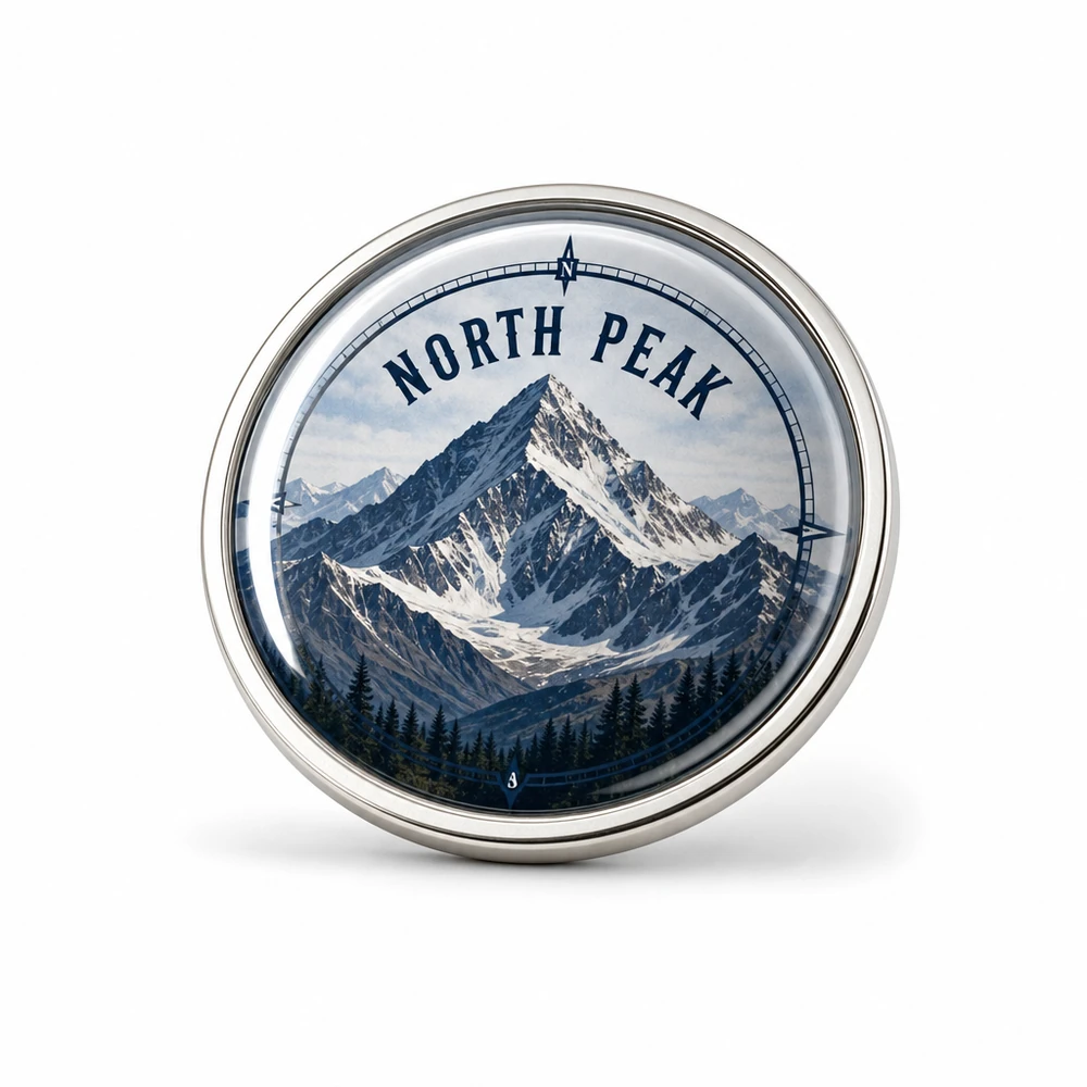 Metal dome pin craft detail — full pin with clear epoxy dome edge and metal rim visible