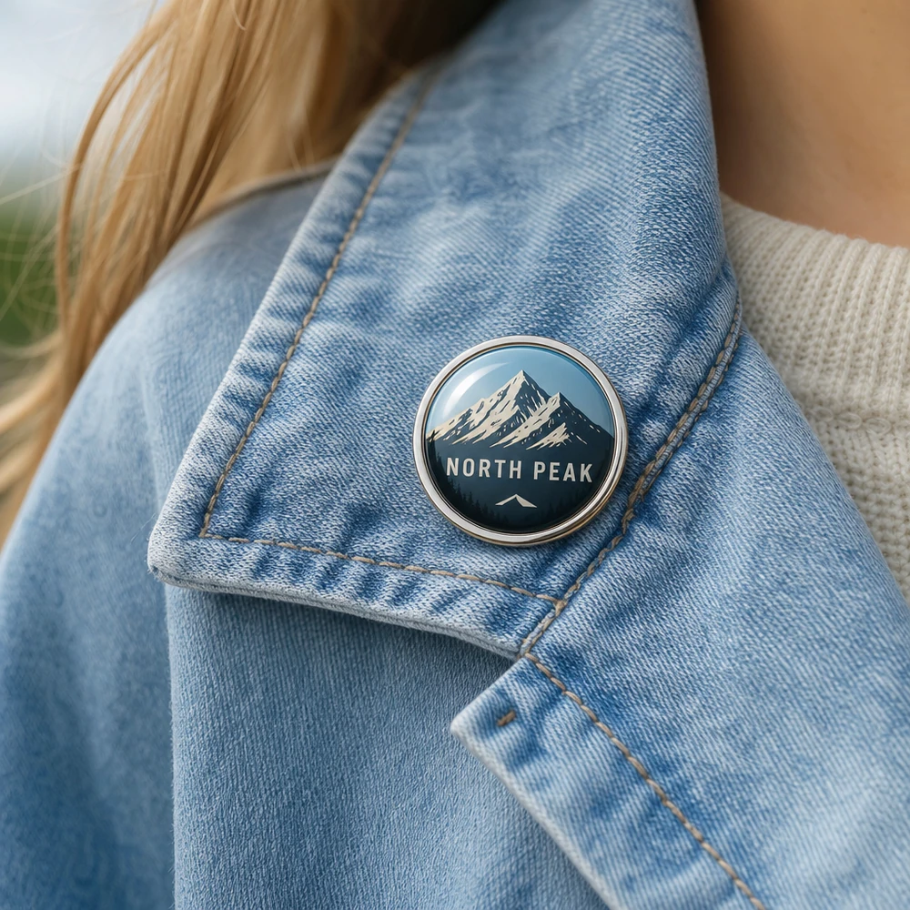 Custom metal dome pin worn on a denim jacket lapel
