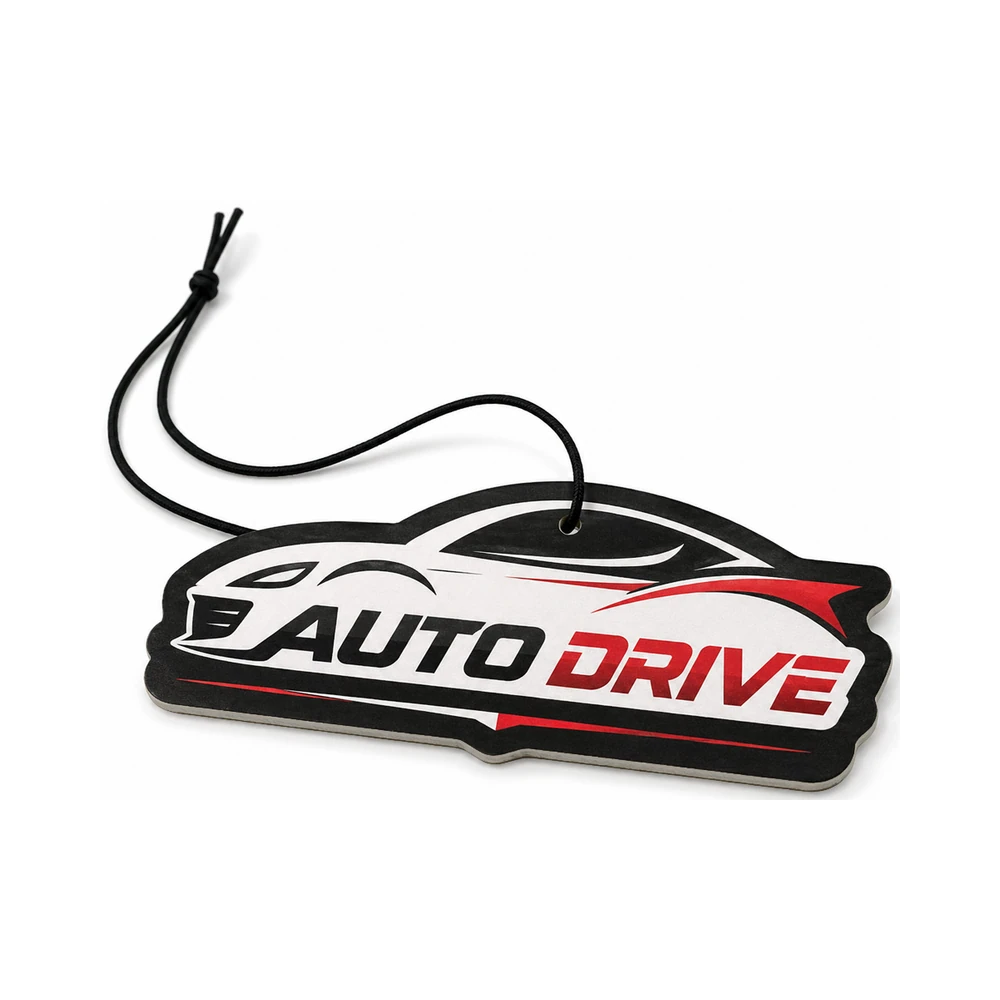 Custom die-cut paper air freshener — AUTO DRIVE car silhouette with hanging cord