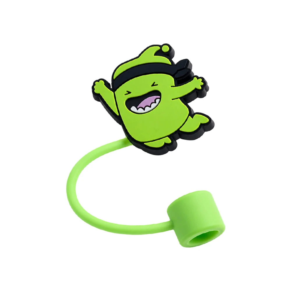 Custom soft PVC straw cap charm with lime green silicone strap and ring