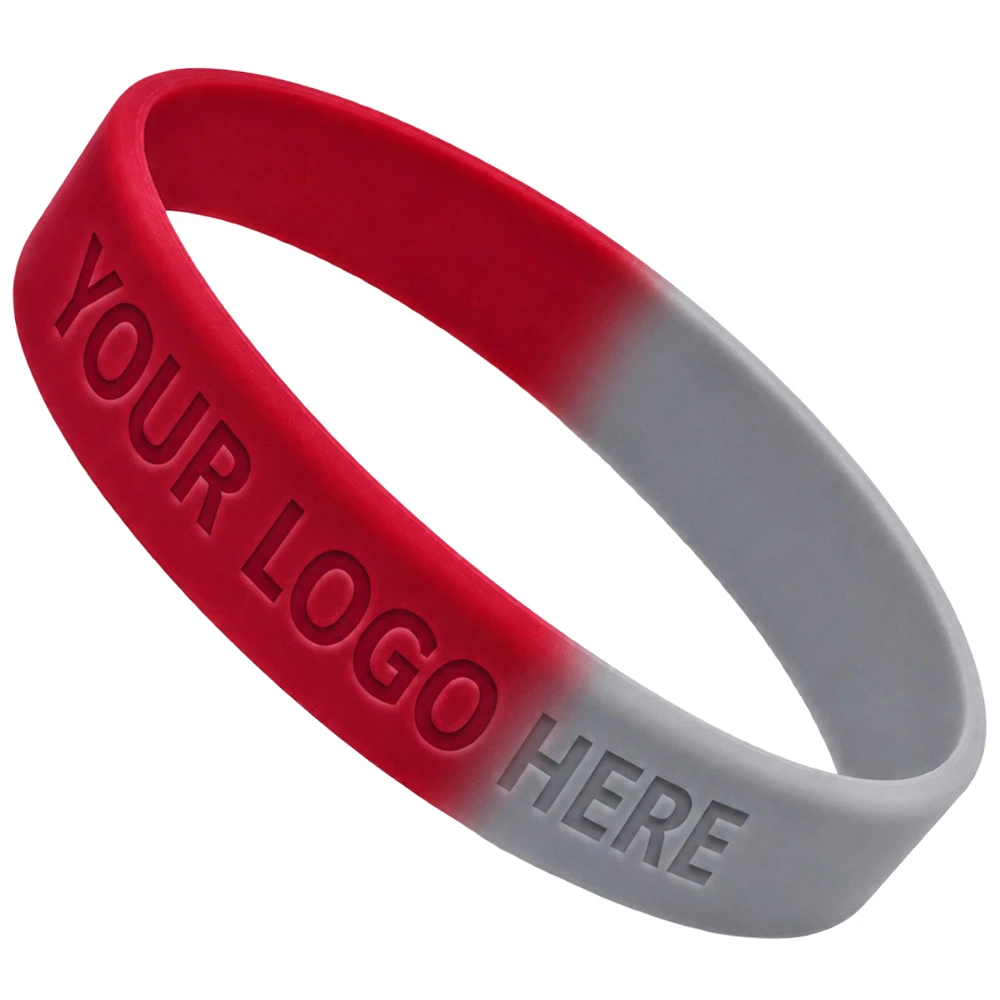 Custom 1/2 Inch Debossed Silicone Wristbands - Red and grey split color