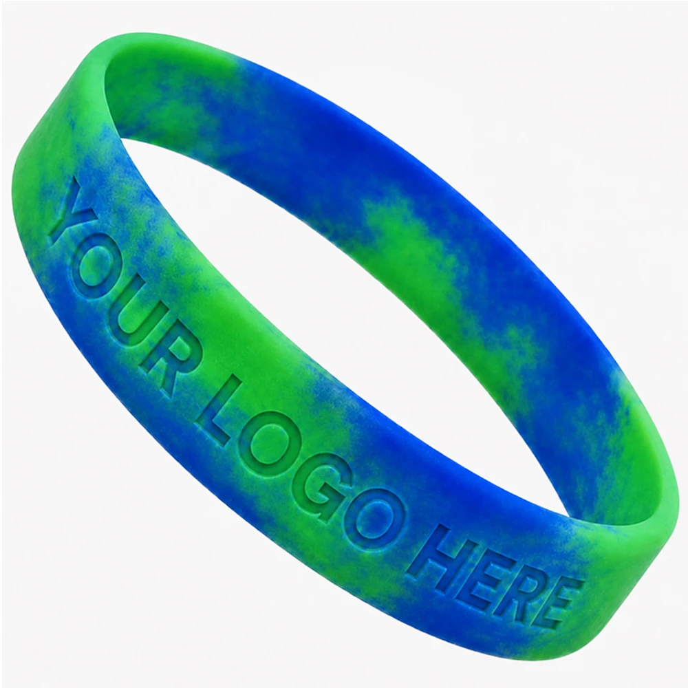 Custom 1/2 Inch Debossed Silicone Wristbands - Neon green and blue swirl