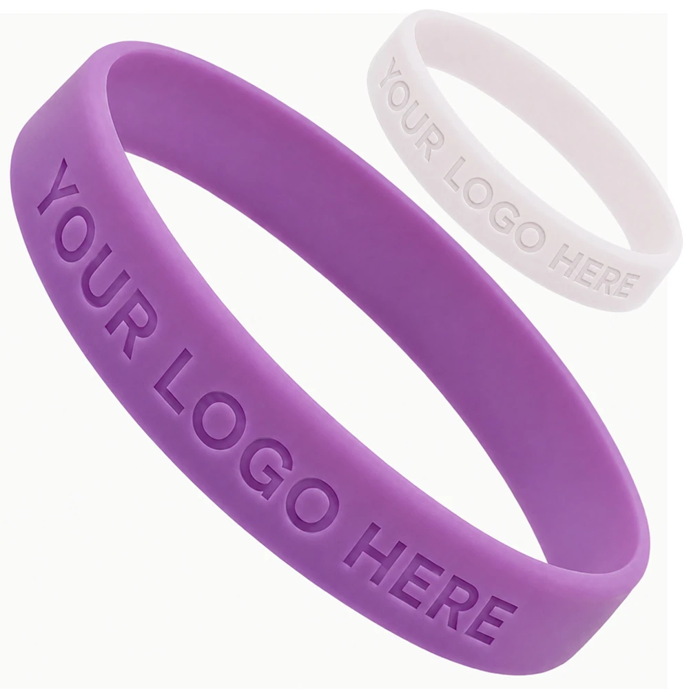 Custom 1/2 Inch Debossed Silicone Wristbands - Purple and white pair
