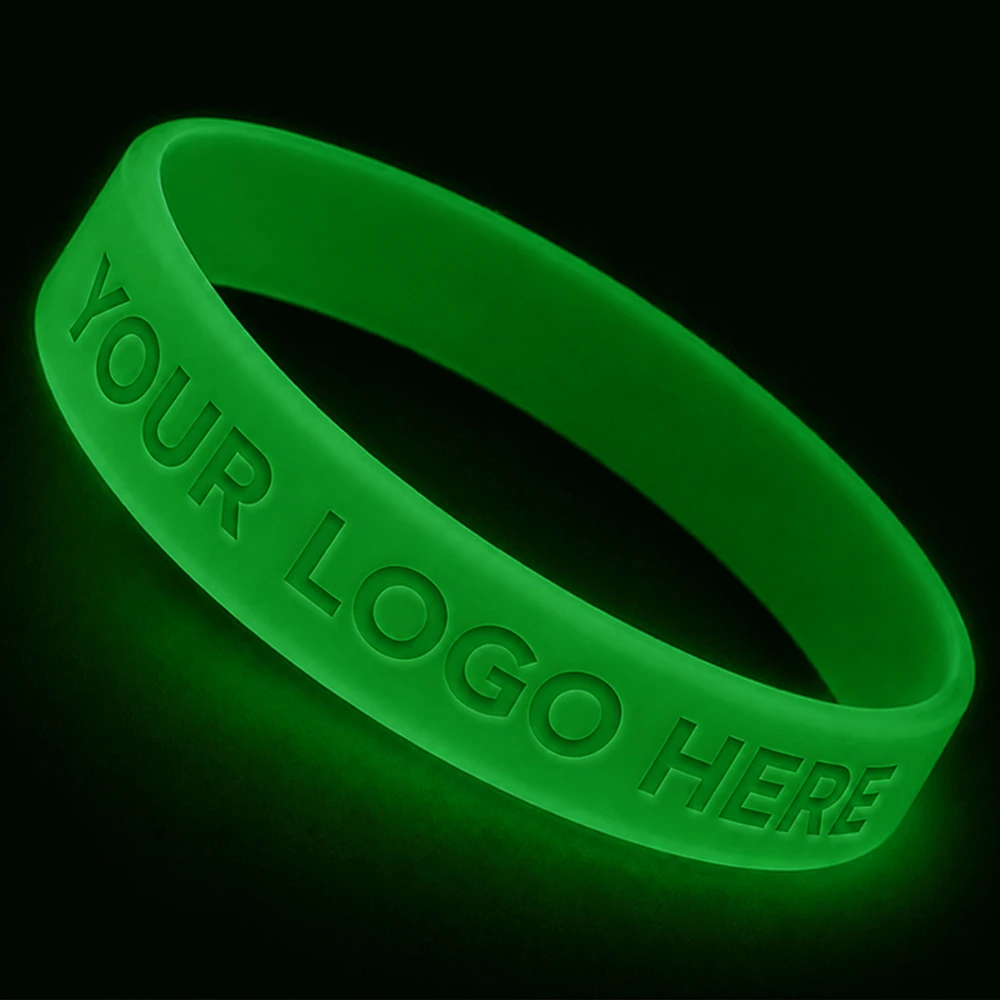Custom 1/2 Inch Debossed Silicone Wristbands - Glow-in-the-dark green