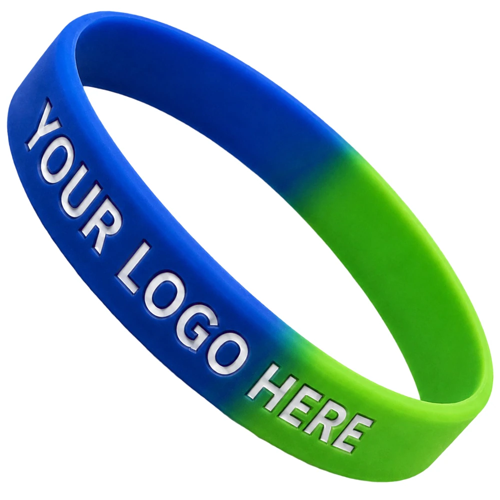 Custom 1/2 Inch Debossed Color Filled Silicone Wristbands - Blue and green segmented with white fill
