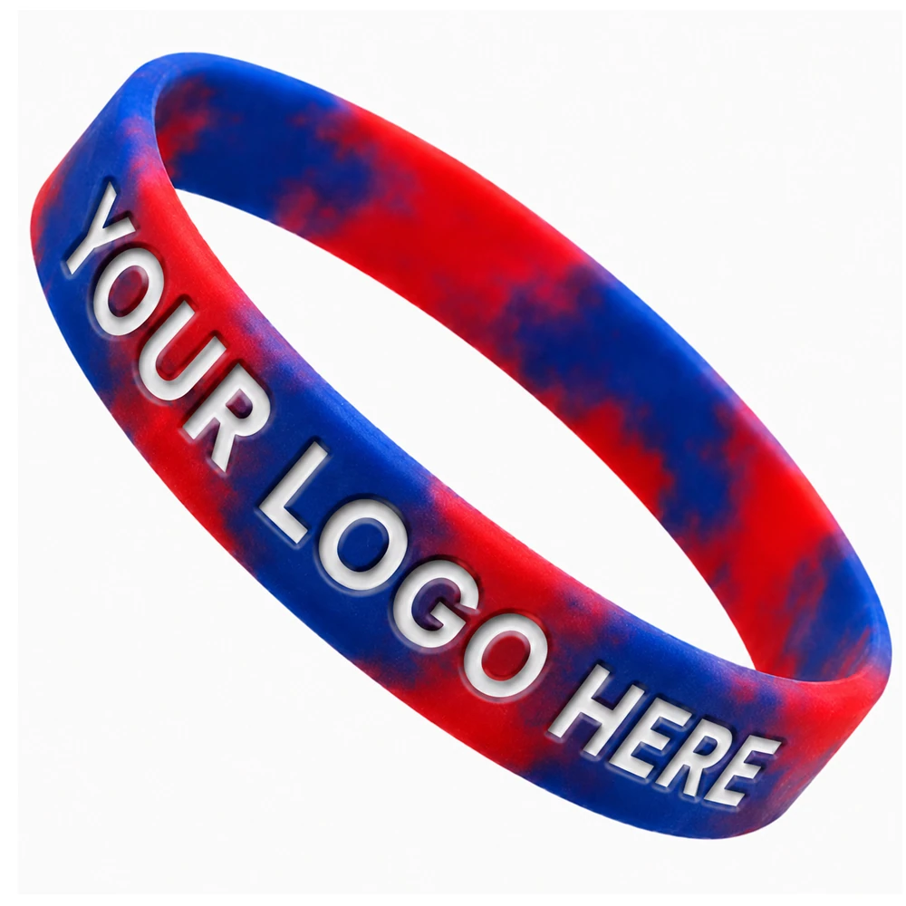 Custom 1/2 Inch Debossed Color Filled Silicone Wristbands - Red and blue swirl with white fill