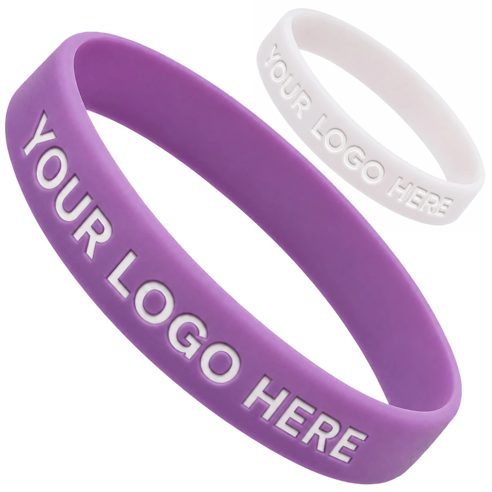 Custom 1/2 Inch Debossed Color Filled Silicone Wristbands - Purple and white pair