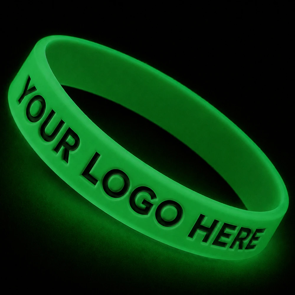 Custom 1/2 Inch Debossed Color Filled Silicone Wristbands - Glow-in-the-dark green