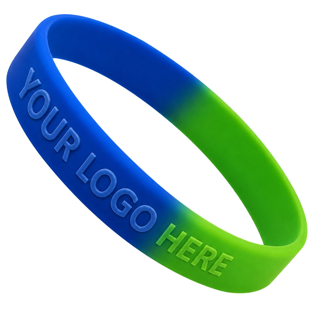 Custom 1/2 Inch Embossed Silicone Wristbands - Blue and green segmented