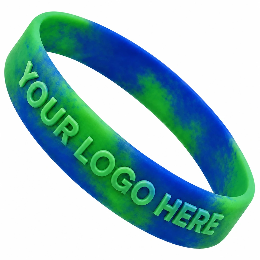 Custom 1/2 Inch Embossed Silicone Wristbands - Blue and green swirl