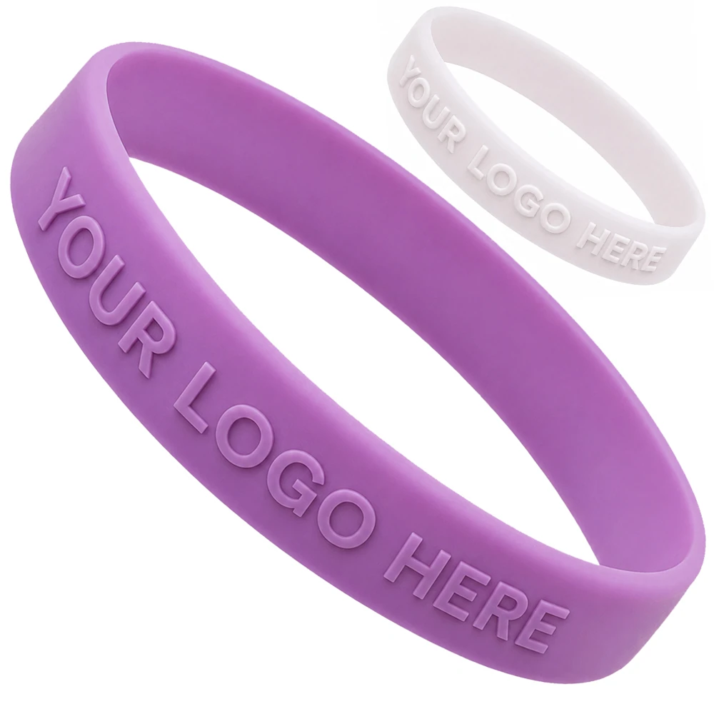 Custom 1/2 Inch Embossed Silicone Wristbands - Purple and white pair