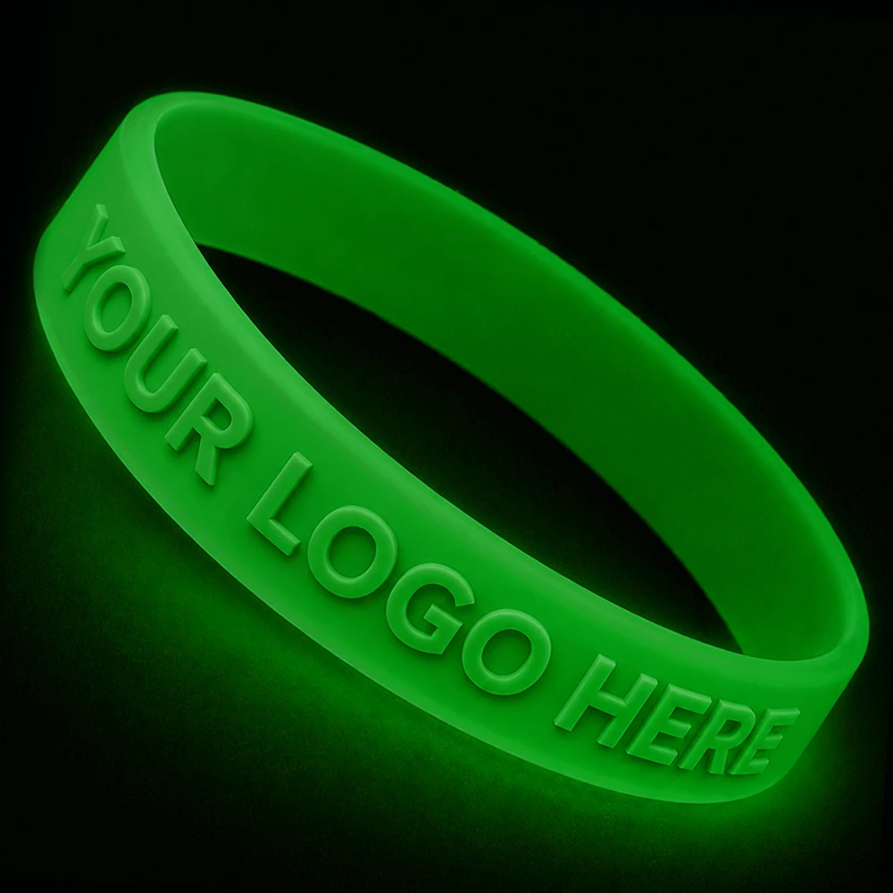 Custom 1/2 Inch Embossed Silicone Wristbands - Glow-in-the-dark green