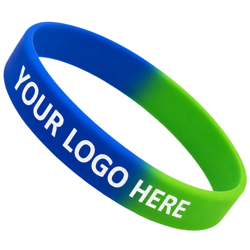 Custom 1/2 Inch Printed Silicone Wristbands - Blue and green segmented with white print