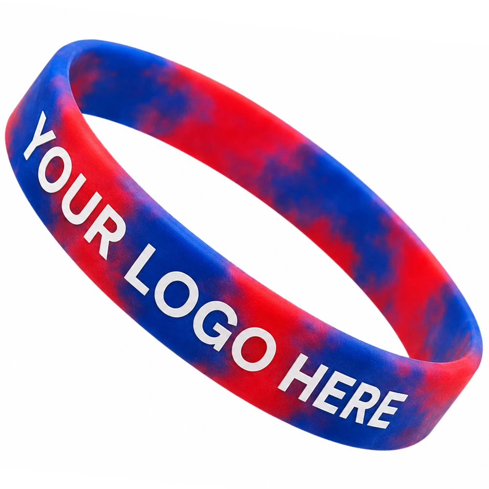 Custom 1/2 Inch Printed Silicone Wristbands - Red and blue swirl with white print