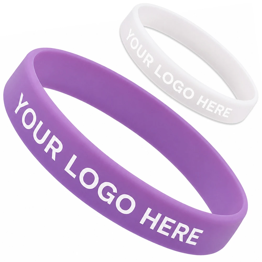 Custom 1/2 Inch Printed Silicone Wristbands - Purple and white pair