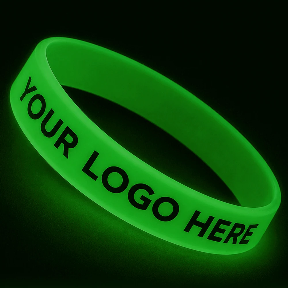 Custom 1/2 Inch Printed Silicone Wristbands - Glow-in-the-dark green with black print