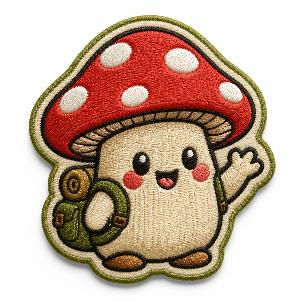 Custom embroidered patch - cute mushroom hiker character with die-cut shape UK