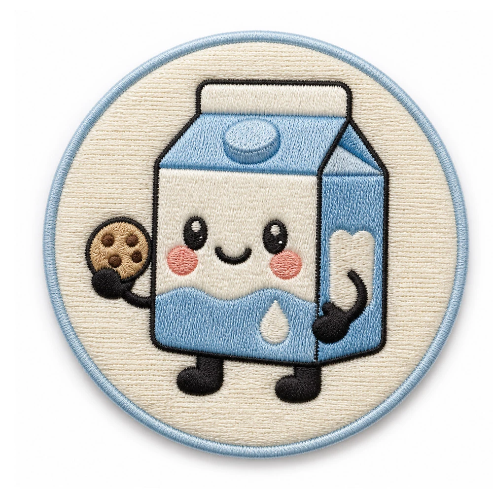 Custom embroidered patch - milk carton character in round patch with light blue border UK