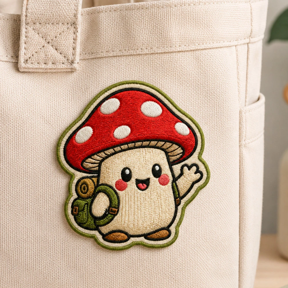 Custom embroidered mushroom patch applied on a canvas tote bag UK