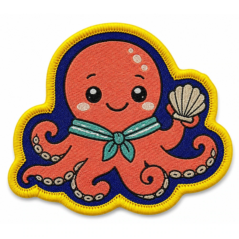 Custom woven patch - cute octopus with seashell in die-cut shape with yellow border UK