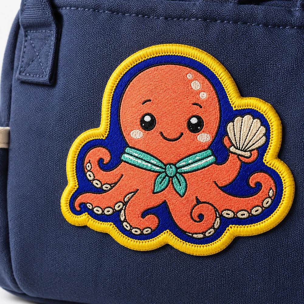 Custom woven octopus patch applied on a navy canvas bag UK