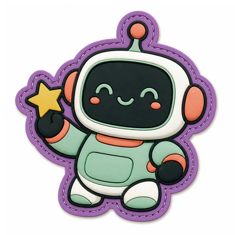Custom soft PVC patch - robot design with purple border, 3D molded rubber UK