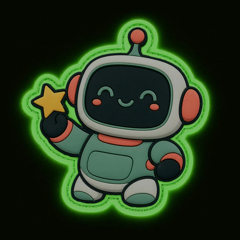 Custom soft PVC patch - glow-in-the-dark robot design shown in the dark UK