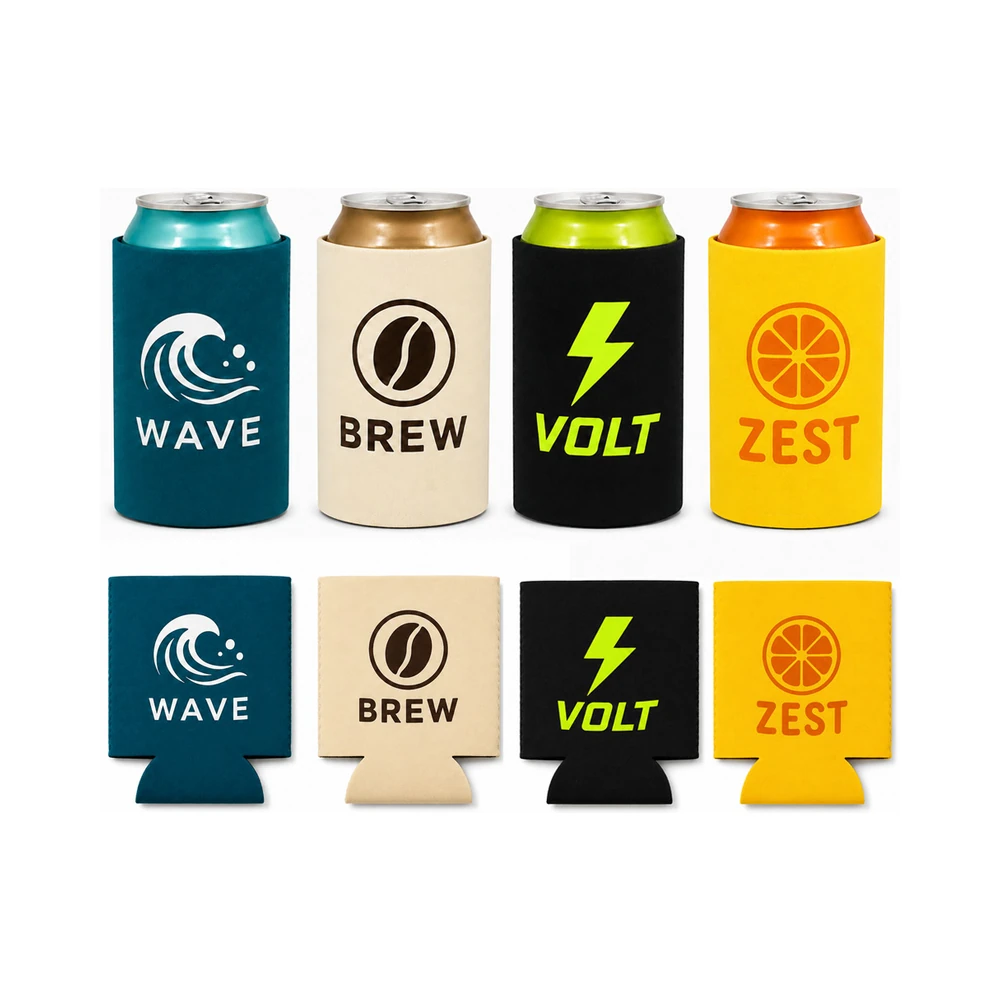 Four custom can coolers in teal, cream, black and yellow shown on cans and laid flat UK