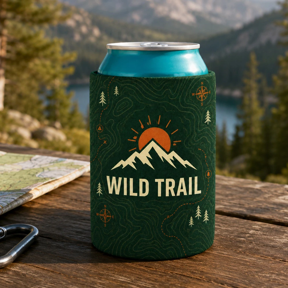 Custom green can cooler with Wild Trail logo on a wooden table by a mountain lake UK