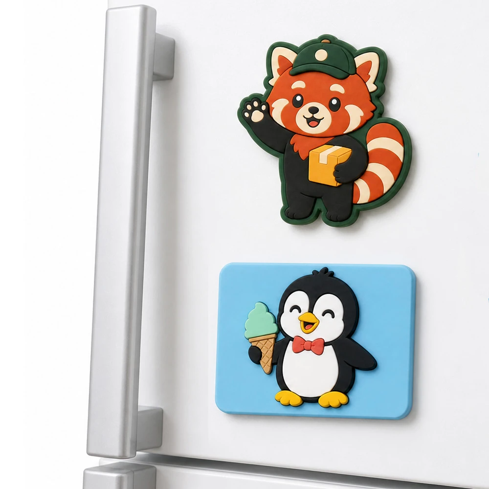 Custom die-cut and rectangular soft PVC fridge magnets on a refrigerator door