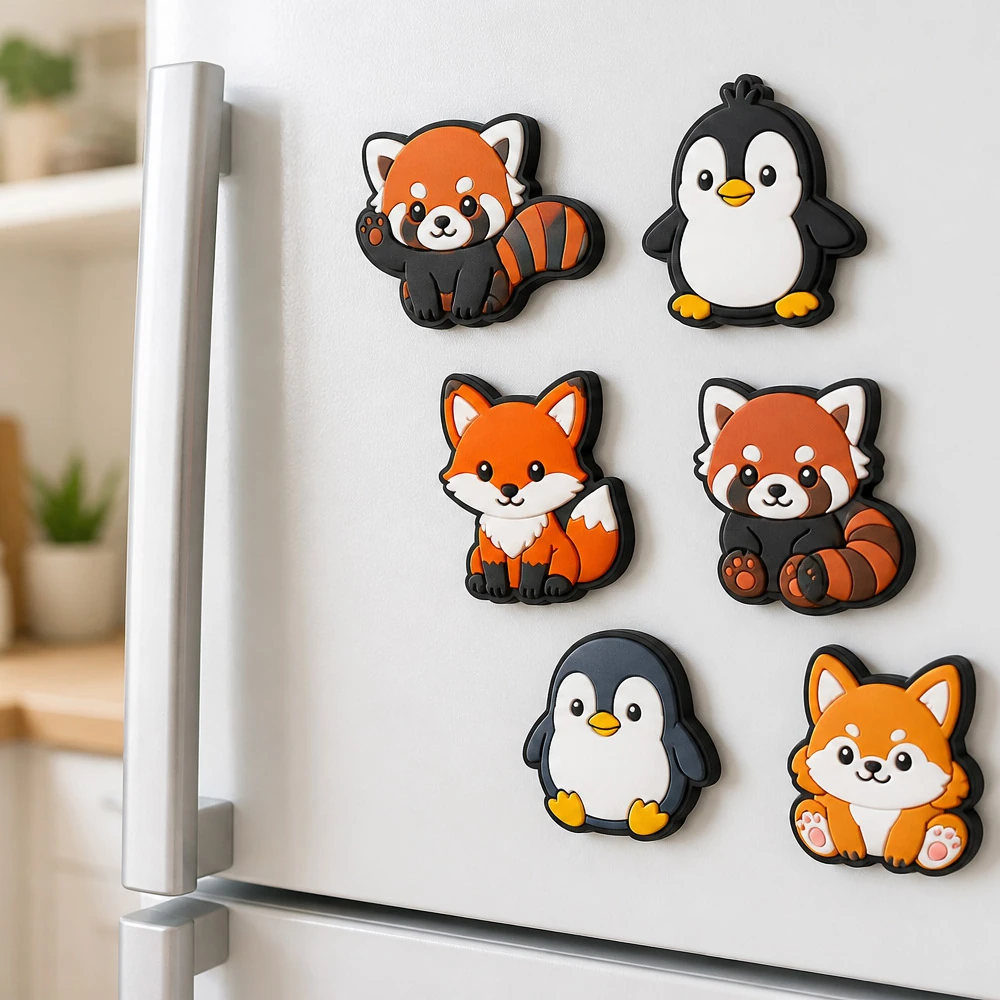 Assorted custom soft PVC animal fridge magnets displayed on a refrigerator