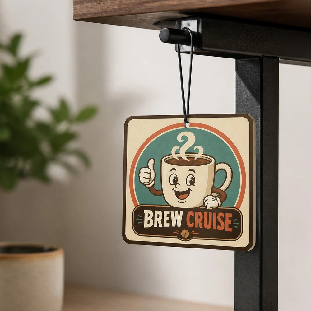 Custom square air freshener with Brew Cruise coffee mug design hanging indoors UK