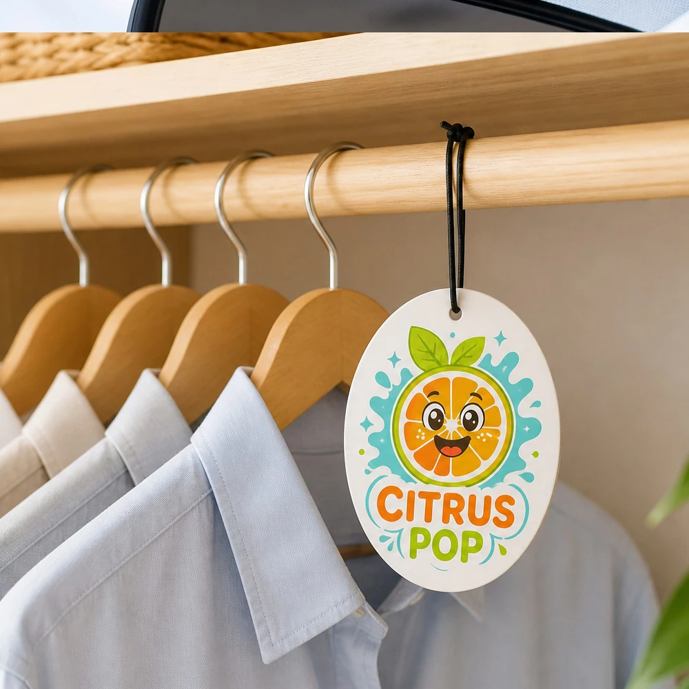 Custom oval Citrus Pop air freshener hanging in a closet UK
