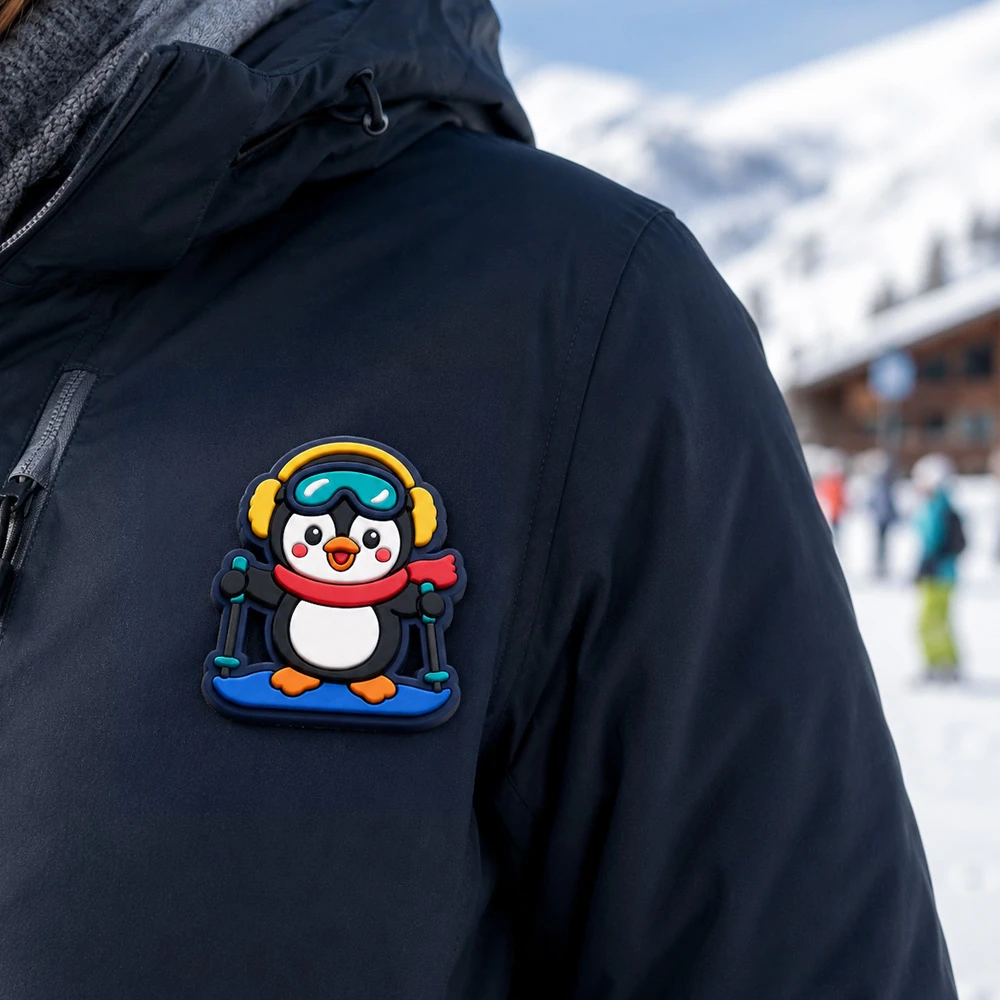 Custom soft PVC pin worn on a winter jacket outdoors UK