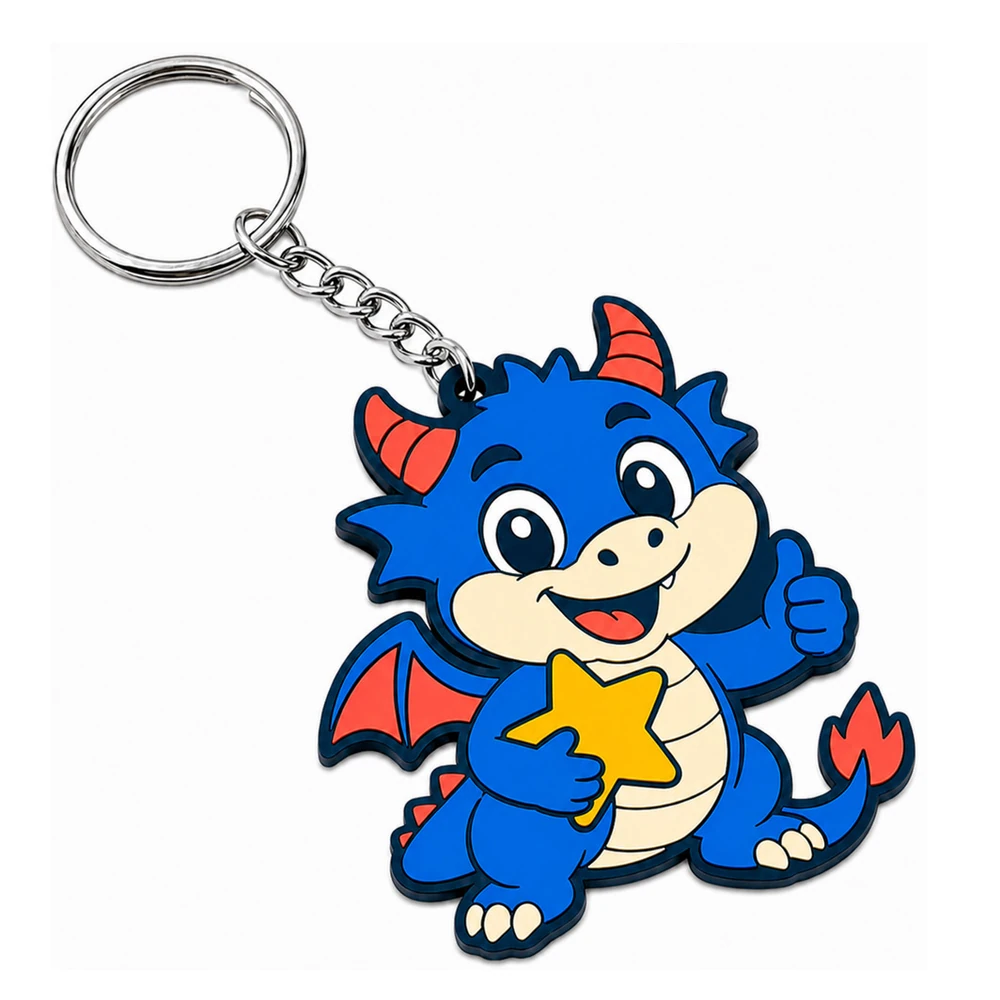 Custom soft PVC keychain — blue dragon die-cut charm with split ring UK