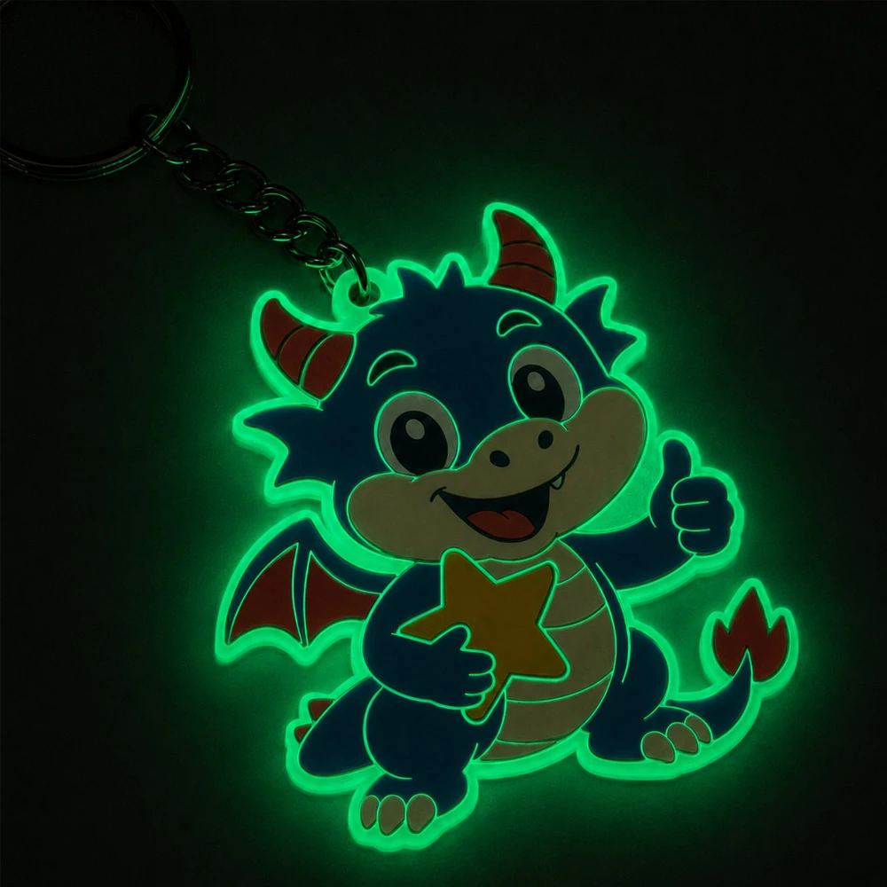 Glow-in-the-dark soft PVC dragon keychain glowing green in the dark UK