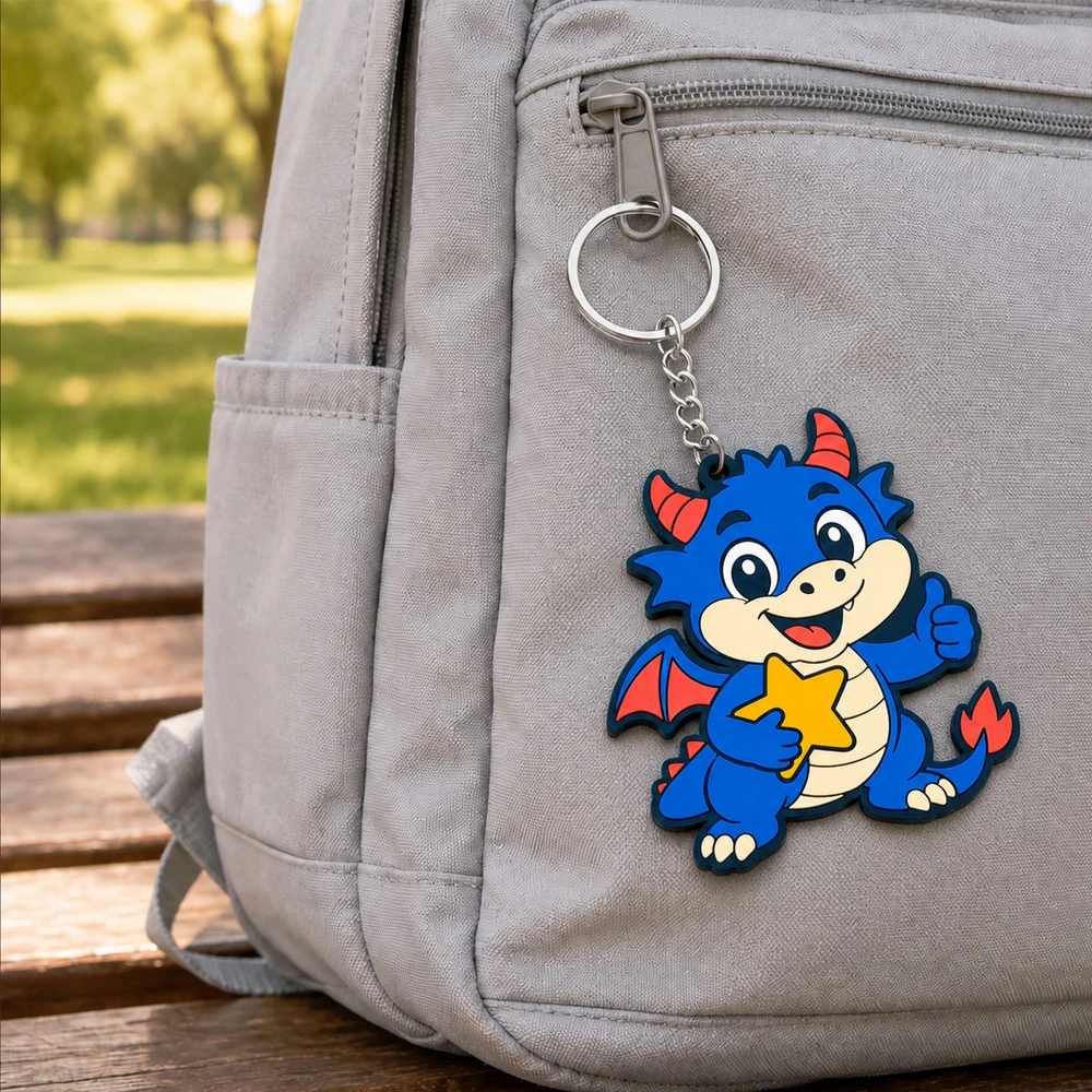 Custom soft PVC dragon keychain hanging from a backpack zipper outdoors UK
