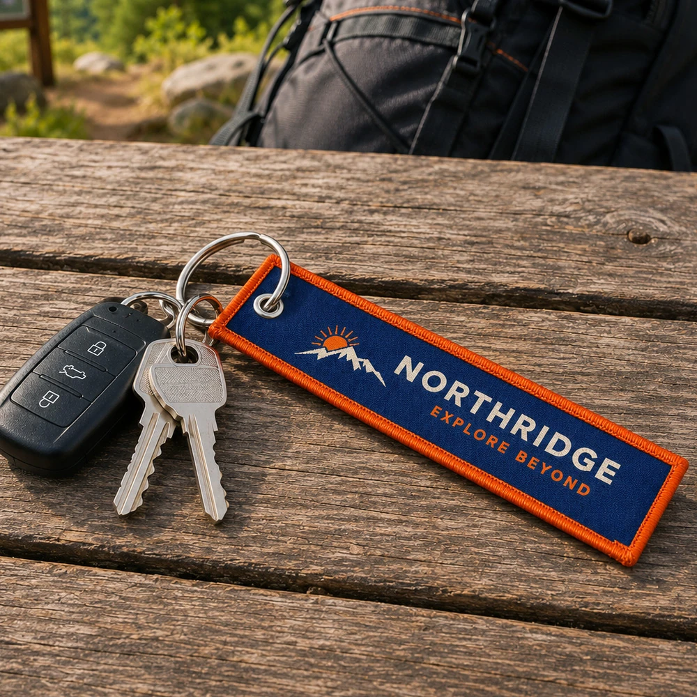 Custom woven Northridge keychain with house keys and car fob on a wooden table outdoors UK