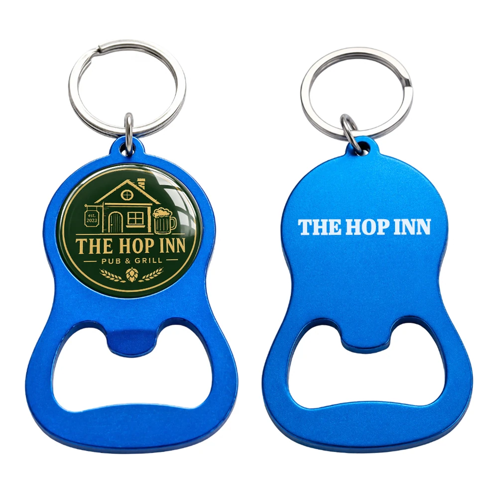 Custom aluminium bottle opener keychain — blue front dome logo and laser-engraved back UK