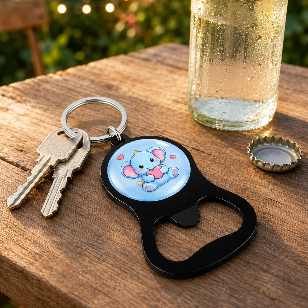 Custom aluminium bottle opener keychain with house keys on a wooden table outdoors UK