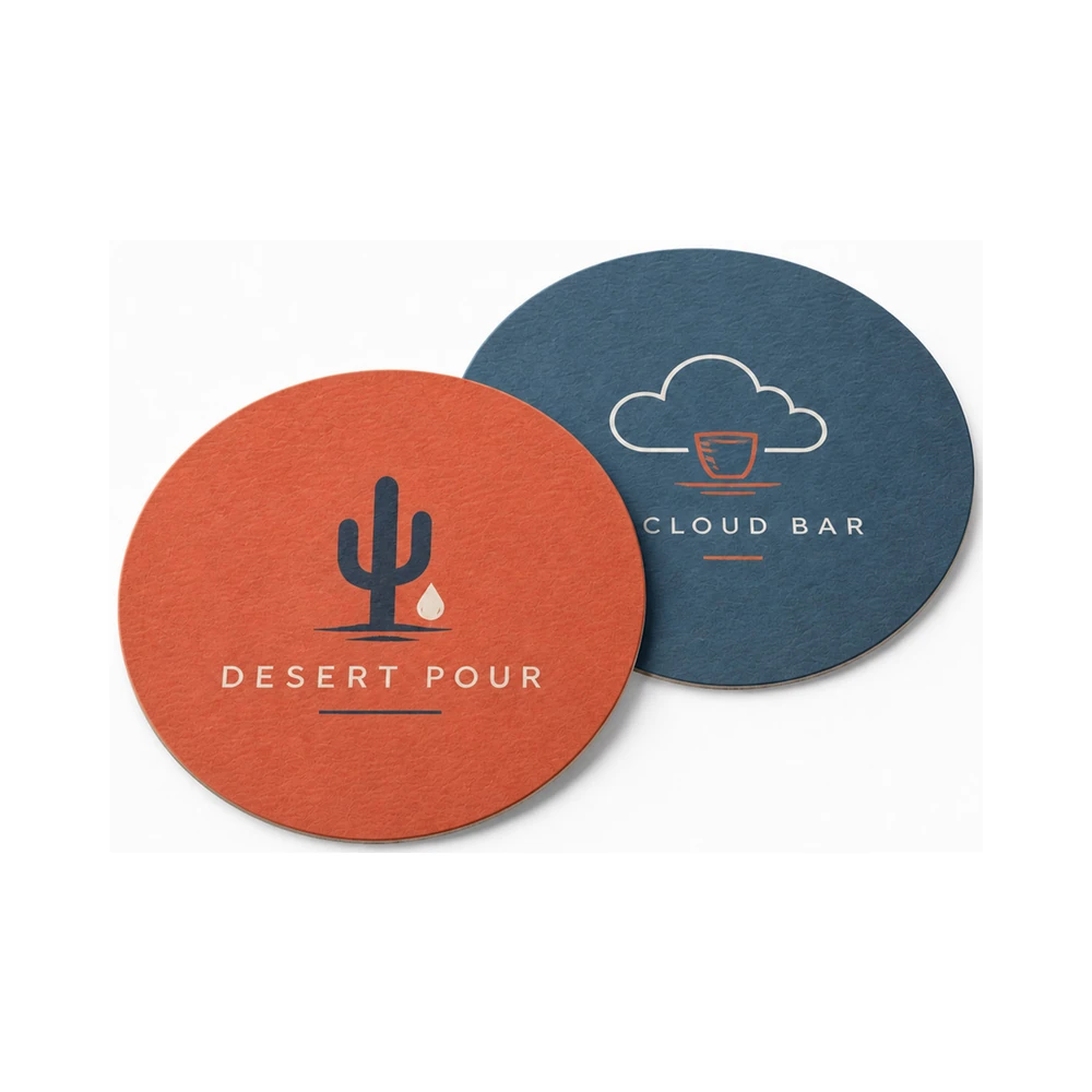 Two custom absorbent paper coasters showing Desert Pour and Cloud Bar designs