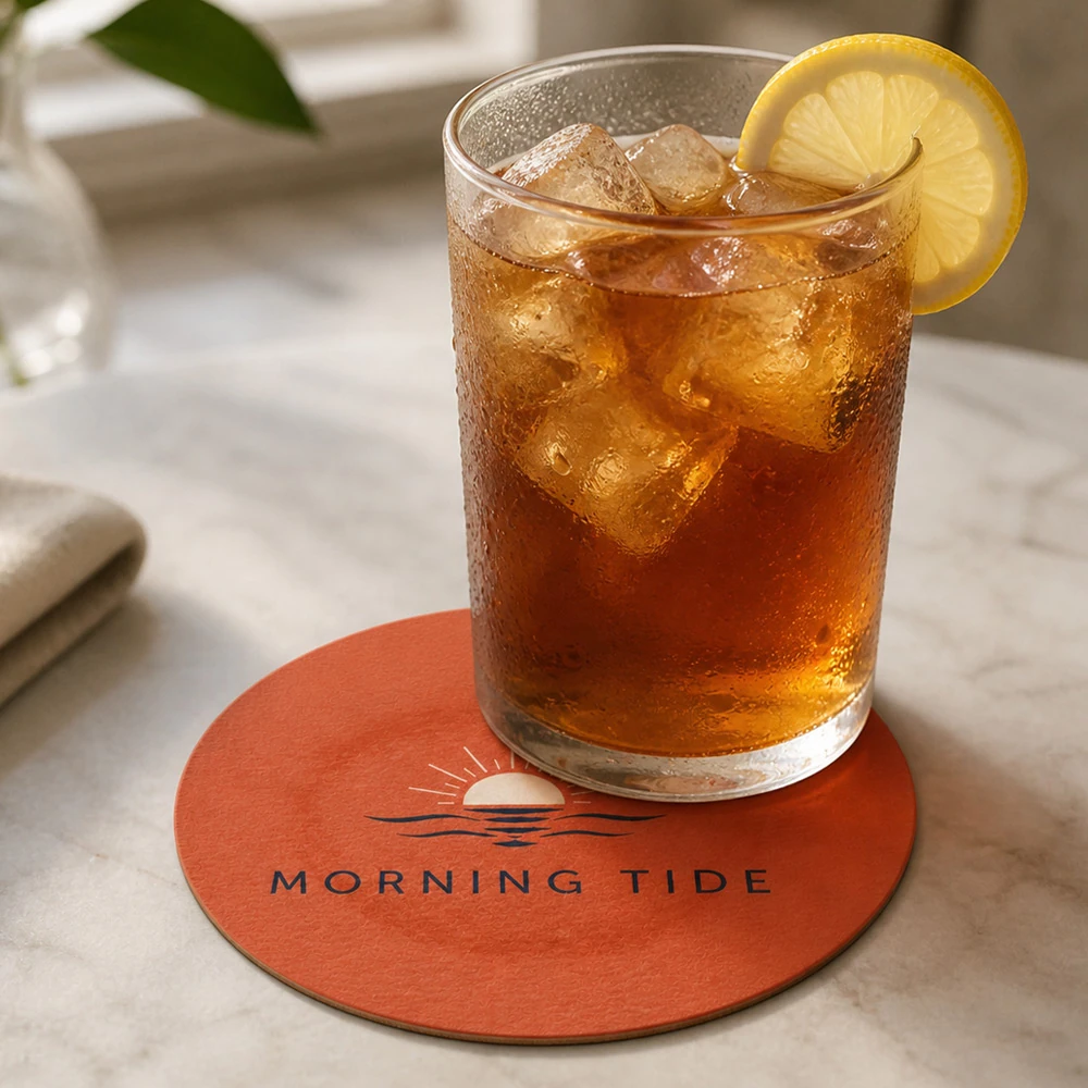 Custom absorbent paper coaster in use under an iced drink on a marble table